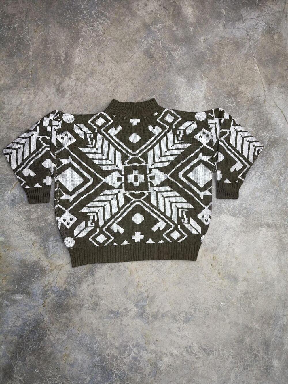 Vtg Express Knit Mockneck Aztec Pattern Sweater Olive Green Sz S (Fit's like L)